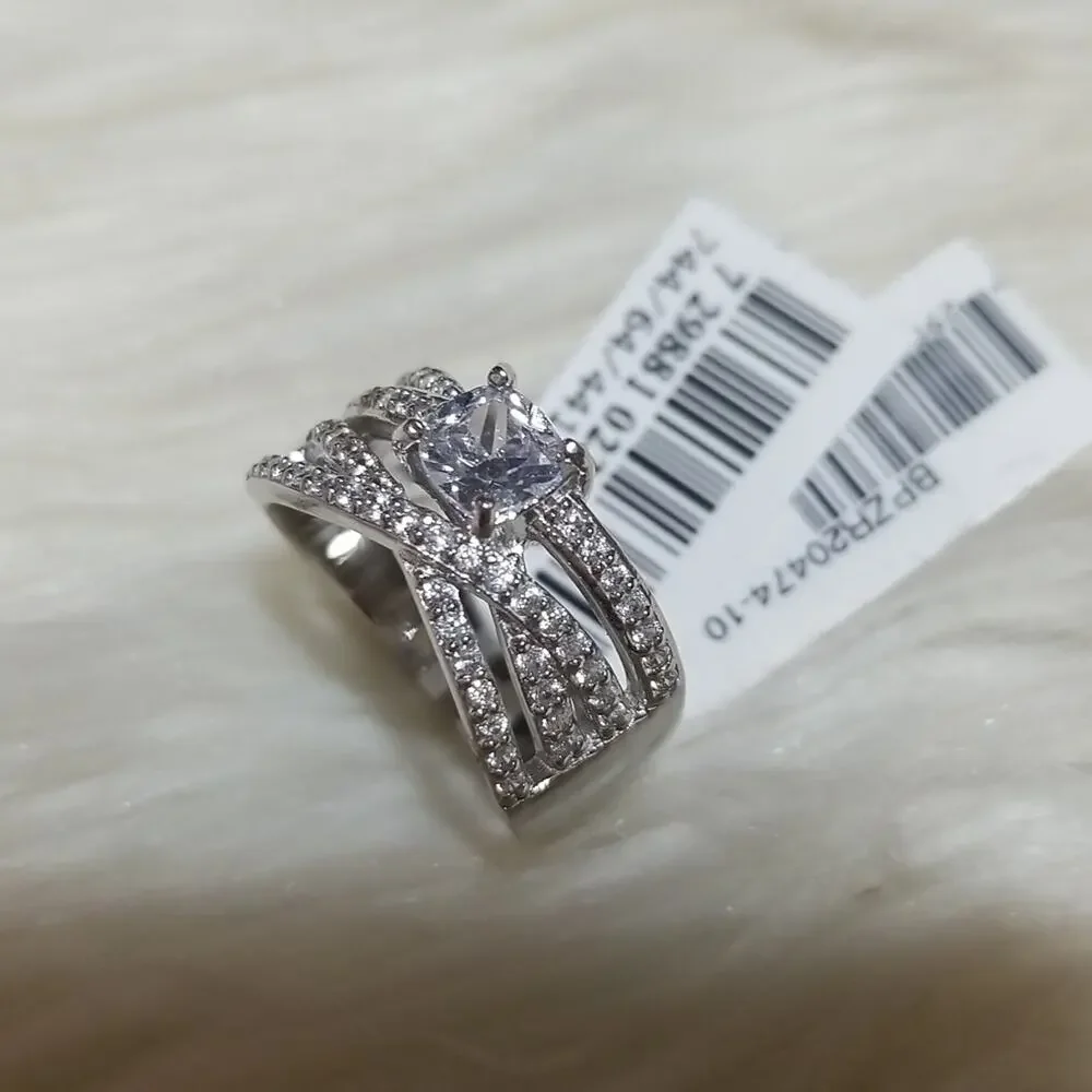 Macy's Cubic Zirconia Intertwined Band Ring Silver Plate Cushion Prong Size 10